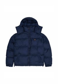 Granatowa kurtka puchowa z kapturem, zamkiem błyskawicznym i dwoma bocznymi kieszeniami. Tekstura jest gładka, z pikowanymi wypustkami i akcentem w postaci logo.