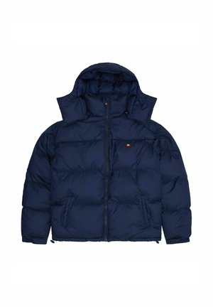 Marine blauwe pufferjack met een capuchon, rits en twee zijzakken. De textuur is glad met gestikte delen en een logo-accent.