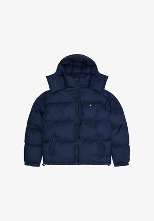 Marine blauwe pufferjack met een capuchon, rits en twee zijzakken. De textuur is glad met gestikte delen en een logo-accent.