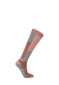 Chaussettes montantes avec un design coloré en blocs de couleurs, comprenant des teintes de rose et de gris. Fabriquées en un matériau lisse et extensible avec des accents côtelés.