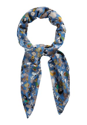 Seidenschal mit leicht blauem Hintergrund und bunten Cartoonfiguren und Motiven, einschließlich der Peanuts-Crew, in einem sich wiederholenden Muster.