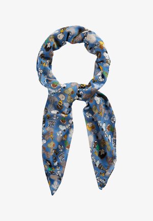 Silk scarf featuring a light blue background with colorful cartoon characters and motifs, including the Peanuts gang, in a repeating pattern.