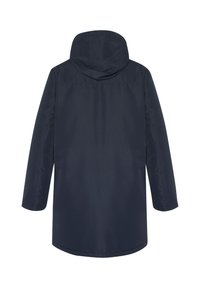 Navy blue hooded coat made from a smooth, water-resistant material; features long sleeves and a rounded bottom hem.