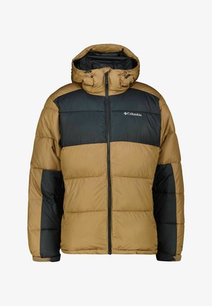 Braune und schwarze Pufferjacke mit Kapuze, ausgestattet mit einem Reißverschluss, gesteppter Textur und einem Logo auf der Brust. Warmes und isoliertes Design.