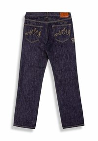 Jeans in denim scuro con design a gamba dritta, caratterizzati da ricami in oro a forma di fiamma sulle tasche posteriori e da un'etichetta in pelle sulla cintura.