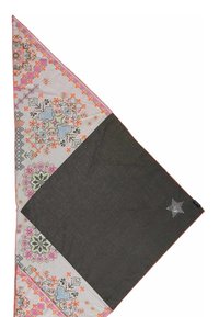 Foulard triangulaire avec un motif floral en rose, vert et bleu d'un côté, et un tissu uni gris foncé avec un accent étoile de l'autre côté.