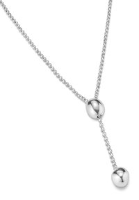 Collar de plata con una cadena que presenta dos cuentas esféricas en el centro, una más grande que la otra, creando un diseño en forma de Y.