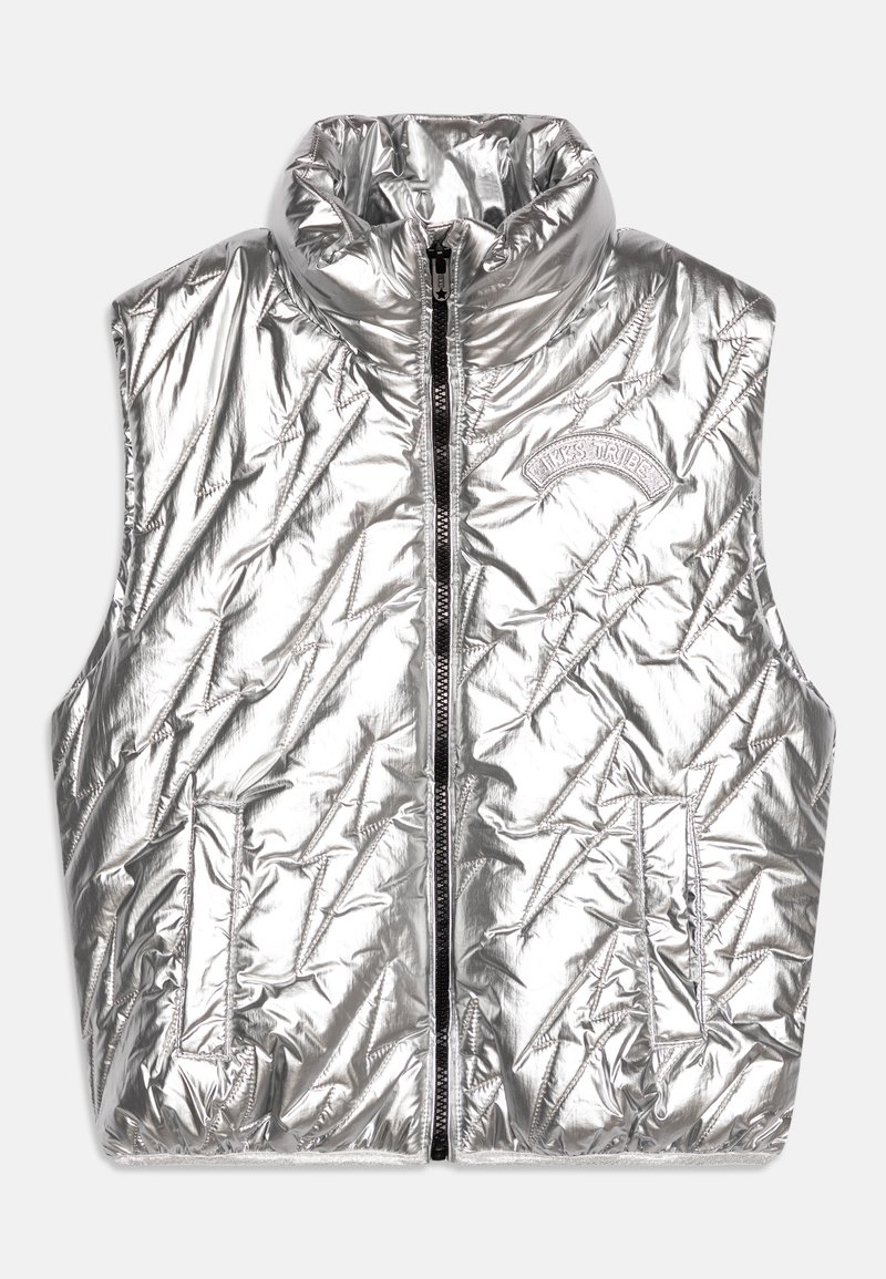 Gilet imbottito argentato metallizzato con colletto alto, chiusura a zip e design trapuntato con motivi a zigzag. Le tasche laterali completano il look.