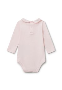 Světle růžový body s dlouhým rukávem, ozdobený volánovým límcem, s uzavíráním na cvočky na zadní straně a texturovanou látkou. Měkká bavlněná směs, jednotný design.