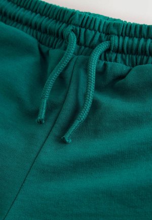 Tyrkysové bavlnené šortky s elastickým pásom a šnúrkou, hladkou textúrou a jednoduchým dizajnom bez ďalších vzorov.