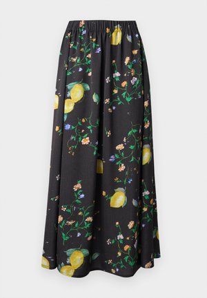 Fekete midi szoknya rugalmas derékrésszel, sárga citrom és színes virágmintákkal díszítve.