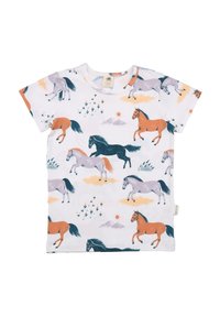 White cotton t-shirt featuring multicolored horse graphics, with a mix of orange, black, gray, and blue horses among clouds and mountains.