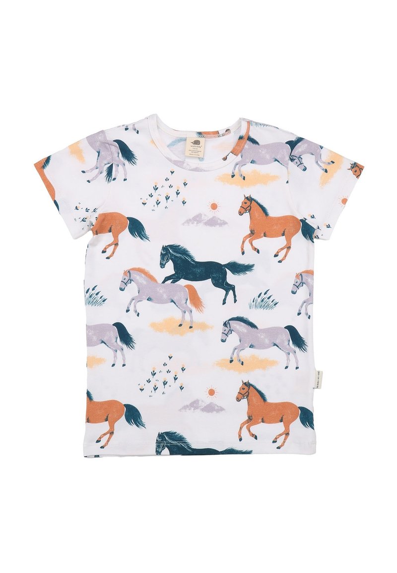 White cotton t-shirt featuring multicolored horse graphics, with a mix of orange, black, gray, and blue horses among clouds and mountains.