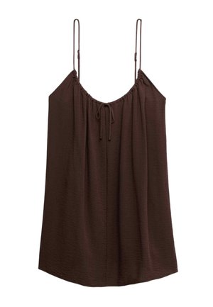 Vestido sin mangas de color marrón oscuro con tirantes finos ajustables y un escote fruncido atado con un pequeño lazo en la parte delantera.