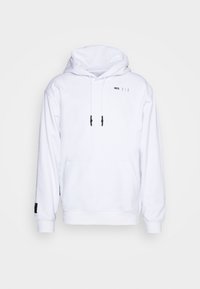 White hooded sweatshirt, made of soft fabric, featuring a front pocket, drawstring hood, and black text logo on the chest.