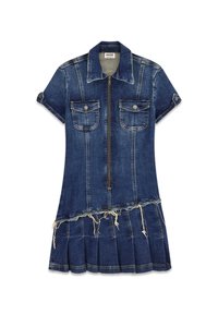 Dżinsowa sukienka z krótkimi rękawami, zamek z przodu, dwie kieszenie na piersi, plisowany dół i postrzępiony brzeg. Głęboki niebieski kolor z wyblakłą fakturą.