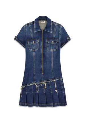 Abito in denim con maniche corte, chiusura con zip frontale, due tasche sul petto, gonna plissettata e orlo sfrangiato. Colore blu intenso con una texture scolorita.