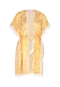 Kergelt kollane kimono paisley-mustriga, valge pitsäärise ja paelaga vöökohaga, millel on dekoratiivsed tupsud. Kerge kangas.