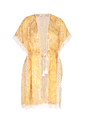 Doorzichtige gele kimono met paisleypatroon, witte kanten rand en een taille met trekkoord, met decoratieve franjes. Lichtgewicht stof.