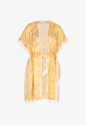 Doorzichtige gele kimono met paisleypatroon, witte kanten rand en een taille met trekkoord, met decoratieve franjes. Lichtgewicht stof.