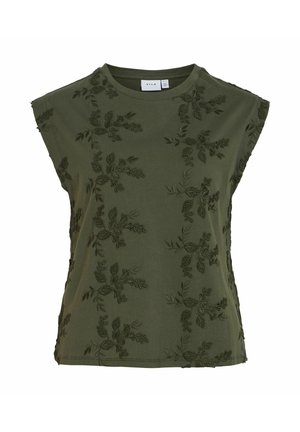 Top sans manches vert olive avec un col rond, doté d'un motif brodé floral ton sur ton et d'une étiquette de la marque VILA à l'intérieur du col.