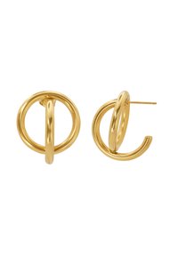 Gouden creolen met een circulair ontwerp en een gladde afwerking, waarbij één hoop verbindt met een kleinere gebogen accent.