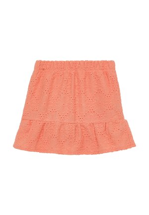 Koraalroze rok met elastische tailleband, bloemen borduurwerk met oogjes en gerimpelde zoom.