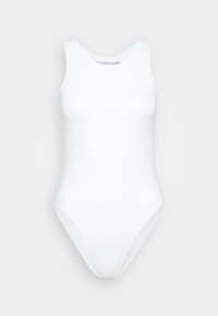 Biely jednodielny plavkový kostým s elegantným, minimalistickým dizajnom. Disponuje vysokým výstrihom a nízkym strihom na chrbte, vyrobený z hladkej, elastickej tkaniny.