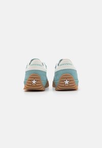 Plave suède tenisice s bijelim detaljima, sa teksturiranom potplatom i zvjezdastim logotipom na peti. "CONVERSE" ispisano na stražnjoj strani.