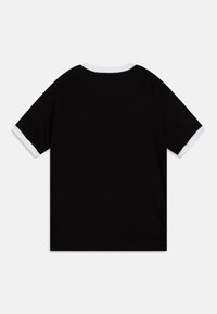 Black short-sleeve t-shirt with a white ribbed crew neck and sleeve cuffs, featuring a relaxed fit and smooth cotton texture.