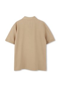 Beige polo shirt met korte mouwen en kraag, gemaakt van gladde stof, met een rechte zoom en een minimalistisch design.