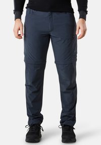 Navy lightweight pants made of water-resistant fabric, featuring zippered pockets, adjustable cuffs, and a relaxed fit. Suitable for outdoor use.