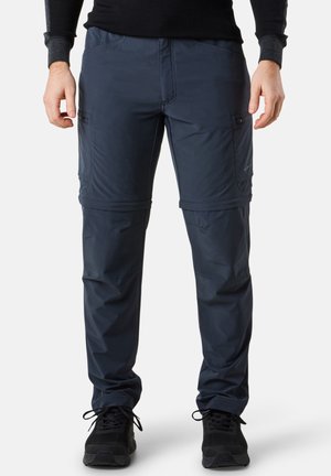 Navy lightweight pants made of water-resistant fabric, featuring zippered pockets, adjustable cuffs, and a relaxed fit. Suitable for outdoor use.