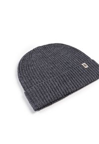Gray knitted beanie with a ribbed texture and a folded cuff. Features a small metal brand tag sewn on the side. Soft, warm material.