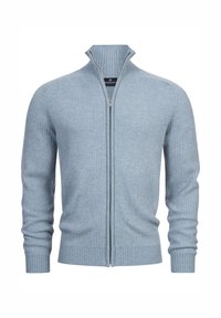 Jasnoniebieski kardigan na zamek, wykonany z prążkowanej tkaniny, z wysokim kołnierzem i dopasowanymi rękawami, o prostym wykończeniu i subtelnej teksturze.