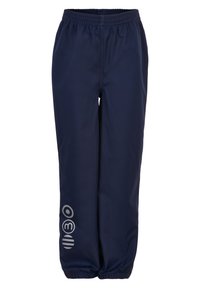 Dunkelblaue Hosen aus leichtem Stoff, mit elastischem Bund und Knöchelbündchen, versehen mit einem silbernen Logo-Design am linken Bein.