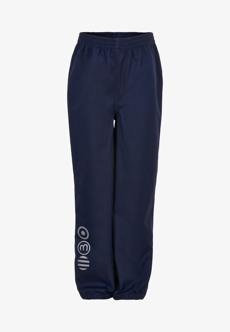 Pantalons bleu marine en tissu léger, avec une taille élastique et des poignets aux chevilles, ornés d'un design de logo argenté sur la jambe gauche.