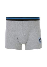 Gray cotton boxer briefs with a black waistband featuring a blue stripe, textured fabric, and a black logo patch on the left side.