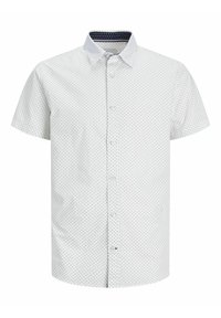 Camicia a maniche corte con bottoni di colore bianco, con un sottile motivo blu, dotata di colletto a pois blu navy e orlo dritto.