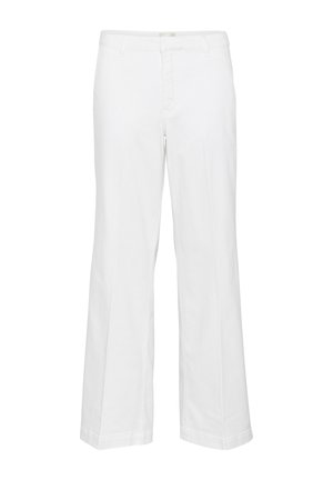 Bele bombažne hlače širokega kroja s gladko teksturo, ki imajo klasičen pas in dve stranski žepu za praktičnost.