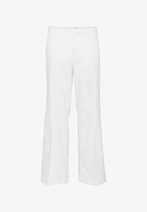 Bele bombažne hlače širokega kroja s gladko teksturo, ki imajo klasičen pas in dve stranski žepu za praktičnost.