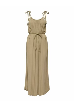 Robe longue beige avec fines bretelles tressées, corsage froncé et ceinture tressée à la taille élastique.