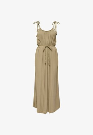 Beige Maxi-Kleid mit dünnen, geflochtenen Bindeträgern, gerafftem Oberteil und geflochtenem Gürtel an einem elastischen Bund.