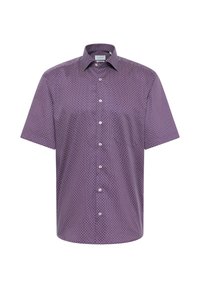 Korte mouw knoopshirt in diep paars met een ruitpatroon, voorzien van een traditionele kraag en een afgeronde zoom, gemaakt van soepele stof.