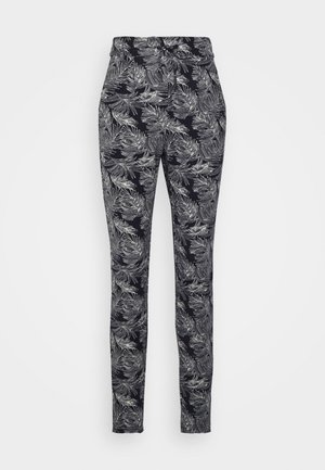 Calças pretas com um padrão de folhas brancas, apresentando um design ajustado e um cós elástico para conforto. Tecido suave com um leve brilho.