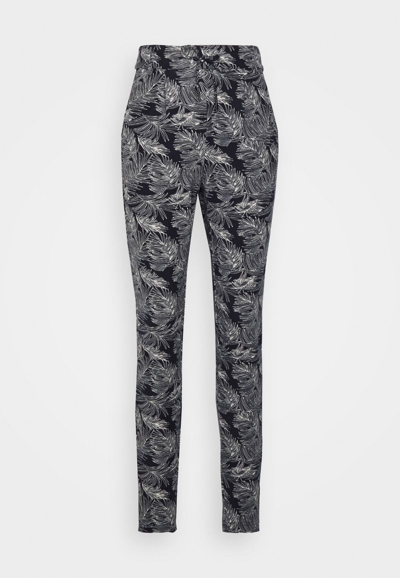 Calças pretas com um padrão de folhas brancas, apresentando um design ajustado e um cós elástico para conforto. Tecido suave com um leve brilho.