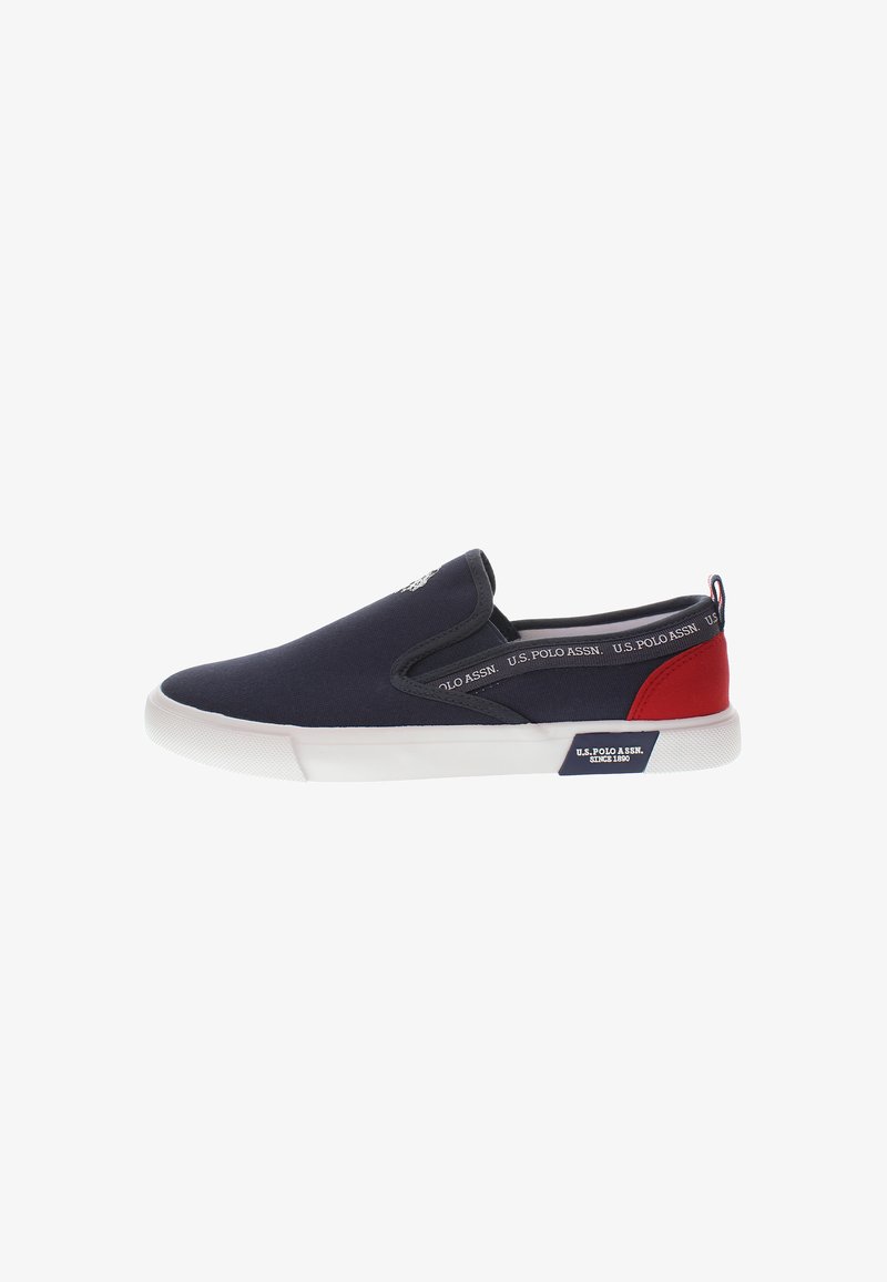 Granatowe sneakersy wsuwane z czerwonymi akcentami, z płóciennym wierzchem, elastycznymi bocznymi panelami, białą gumową podeszwą i logo.