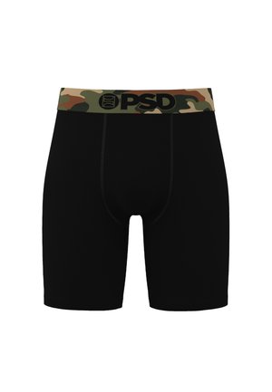 Mustat boksershortsit, joissa on maastokuvioinen joustava vyötärönauha ja musta PSD-logo etukeskellä.