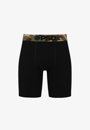 Mustat boksershortsit, joissa on maastokuvioinen joustava vyötärönauha ja musta PSD-logo etukeskellä.