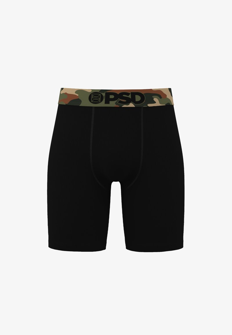 Čierne boxerky s elastickým pásom v kamuflážnom vzore, na prednej stredovej časti s čiernym logom PSD.